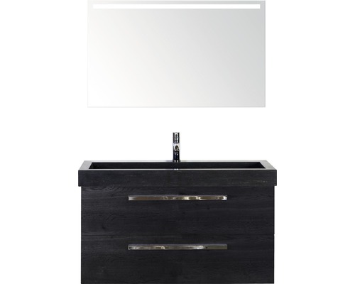 Badmöbel-Set Sanox Seville BxHxT 101 x 170 x 45,5 cm Frontfarbe schwarz eiche black oak mit Waschtisch Naturstein schwarz und Naturstein-Waschtisch Waschtischunterschrank Spiegel mit LED-Beleuchtung