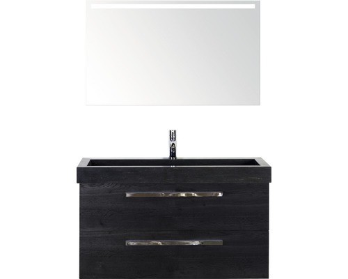 Badmöbel-Set Sanox Seville BxHxT 101 x 170 x 45,5 cm Frontfarbe schwarz eiche black oak mit Waschtisch Naturstein schwarz und Naturstein-Waschtisch Waschtischunterschrank Spiegel mit LED-Beleuchtung Waschtischkombination mit Spiegel und zwei Schubladen