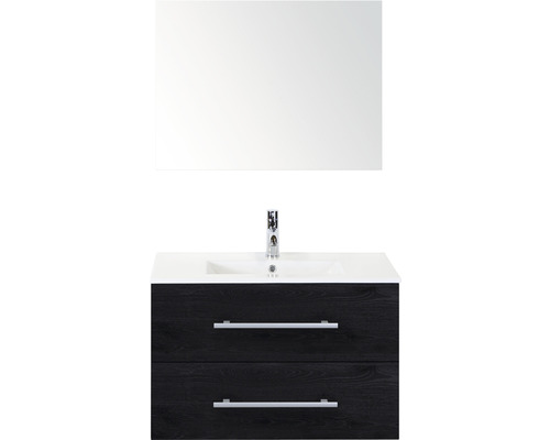 Badmöbel-Set Sanox Stretto BxHxT 81 x 170 x 39 cm Frontfarbe black oak mit Waschtisch Keramik weiß und Keramik-Waschtisch Spiegel Waschtischunterschrank