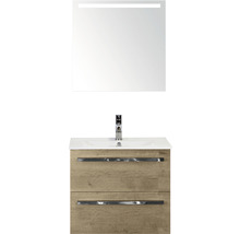 Badmöbel-Set Sanox Seville BxHxT 61 x 170 x 46 cm Frontfarbe eiche natur mit Waschtisch Keramik weiß und Keramik-Waschtisch Spiegel mit LED-Beleuchtung Waschtischunterschrank