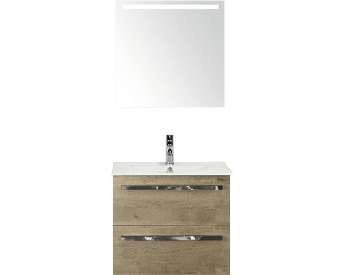 Badmöbel-Set Sanox Seville BxHxT 61 x 170 x 46 cm Frontfarbe eiche natur mit Waschtisch Keramik weiß und Keramik-Waschtisch Spiegel mit LED-Beleuchtung Waschtischunterschrank