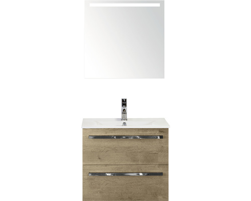 Badmöbel-Set Sanox Seville BxHxT 61 x 170 x 46 cm Frontfarbe eiche natur mit Waschtisch Keramik weiß und Keramik-Waschtisch Spiegel mit LED-Beleuchtung Waschtischunterschrank Waschtisch mit Unterschrank und Spiegel mit Beleuchtung für das Badezimmer