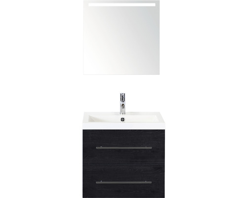 Badmöbel-Set Sanox Straight BxHxT 60 x 170 x 40 cm Frontfarbe black oak mit Waschtisch Mineralguss weiß und Mineralguss-Waschtisch Spiegel mit LED-Beleuchtung Waschtischunterschrank
