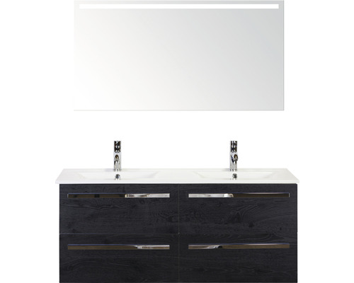 Badmöbel-Set Sanox Seville BxHxT 121 x 170 x 46 cm Frontfarbe black oak mit Waschtisch Keramik weiß und Keramik-Doppelwaschtisch Spiegel mit LED-Beleuchtung Waschtischunterschrank