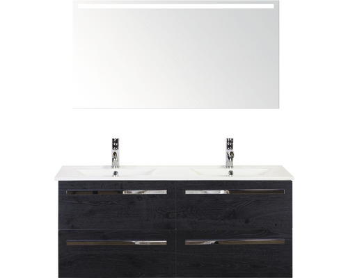 Badmöbel-Set Sanox Seville BxHxT 121 x 170 x 46 cm Frontfarbe black oak mit Waschtisch Keramik weiß und Keramik-Doppelwaschtisch Spiegel mit LED-Beleuchtung Waschtischunterschrank Badezimmerset mit Doppelwaschtisch, Unterschrank und beleuchtetem Spiegel