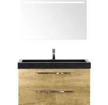 Badmöbel-Set Sanox Seville BxHxT 101 x 170 x 45,5 cm Frontfarbe eiche natur mit Waschtisch Naturstein schwarz und Naturstein-Waschtisch Waschtischunterschrank Spiegel mit LED-Beleuchtung