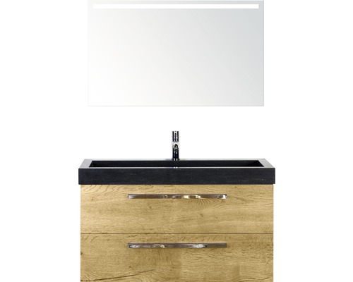 Badmöbel-Set Sanox Seville BxHxT 101 x 170 x 45,5 cm Frontfarbe eiche natur mit Waschtisch Naturstein schwarz und Naturstein-Waschtisch Waschtischunterschrank Spiegel mit LED-Beleuchtung
