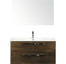 Badmöbel-Set Sanox Seville BxHxT 101 x 170 x 46 cm Frontfarbe tabacco mit Waschtisch Keramik weiß und Keramik-Waschtisch Spiegel Waschtischunterschrank