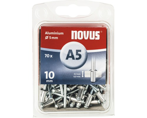Novus Blindnieten A5 aus Aluminium, 5 mm Durchmesser, 10 mm Länge, 70 Stück