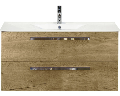 Badmöbel-Set Sanox Seville BxHxT 101 x 52 x 46 cm Frontfarbe eiche natur mit Waschtisch Keramik weiß Badmöbel-Set Sanox Seville BxHxT 101 x 52 x 46 cm Frontfarbe eiche natur mit Waschtisch Keramik weiß