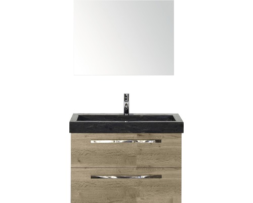 Badmöbel-Set Sanox Seville BxHxT 81 x 170 x 45,5 cm Frontfarbe eiche natur mit Waschtisch Naturstein schwarz und Naturstein-Waschtisch Waschtischunterschrank Spiegel