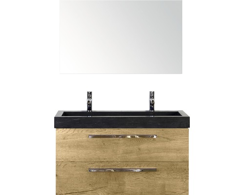 Badmöbel-Set Sanox Seville BxHxT 101 x 170 x 45,5 cm Frontfarbe eiche natur mit Waschtisch Naturstein schwarz und Naturstein-Doppelwaschtisch Waschtischunterschrank Spiegel Waschtisch mit Spiegel, zwei Schubladen, Armaturen und Steinplatte