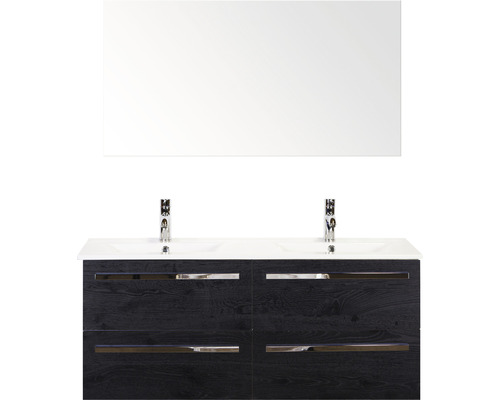 Badmöbel-Set Sanox Seville BxHxT 121 x 170 x 46 cm Frontfarbe black oak mit Waschtisch Keramik weiß und Keramik-Doppelwaschtisch Spiegel Waschtischunterschrank
