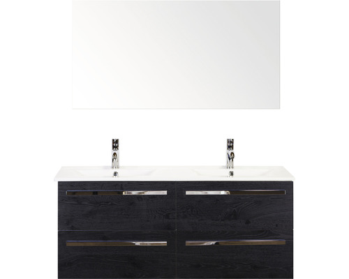 Badmöbel-Set Sanox Seville BxHxT 121 x 170 x 46 cm Frontfarbe black oak mit Waschtisch Keramik weiß und Keramik-Doppelwaschtisch Spiegel Waschtischunterschrank Badezimmermöbel-Set mit Waschtischunterschrank, Waschbecken und Spiegel