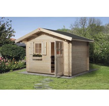 Holzgartenhaus mit Tür und Fenster im Garten