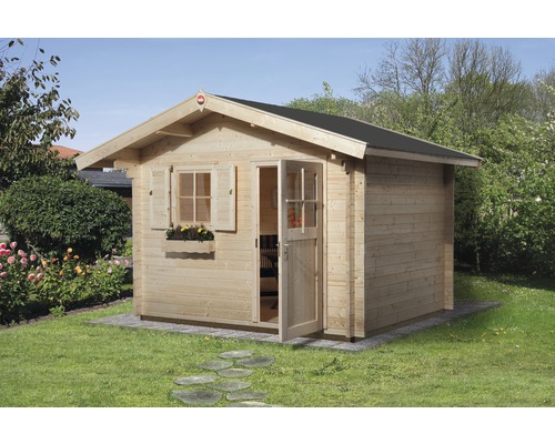 Blockbohlenhaus weka mit Fußboden 380 x 320 cm natur Holzgartenhaus mit Tür und Fenster im Garten