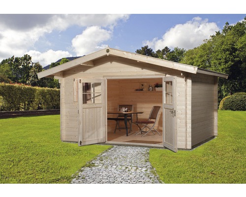 Gartenhaus weka 136 Gr.1 mit Fußboden und Vordach 60 cm 460 x 370 cm natur