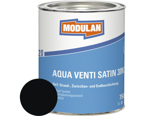 MODULAN 6220 Aqua Venti Lack Satin 3in1 RAL 9005 tiefschwarz 750 ml Modulan Aqua Venti Satin 3-in-1 paint can with black paint spot
