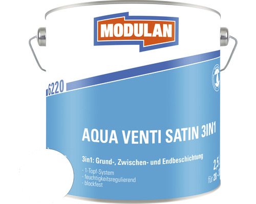 MODULAN 6220 Aqua Venti Lack Satin 3in1 weiß 2,5 L Farbeimer Modulan Aqua Venti Satin 3in1 für Grund-, Zwischen- und Endbeschichtung