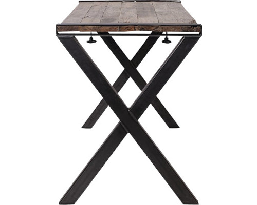 Tisch mit Holzplatte und Metallgestell in X-Form