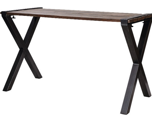 Schreibtisch mit Tischplatte aus Holz und X-förmigen Metallbeinen