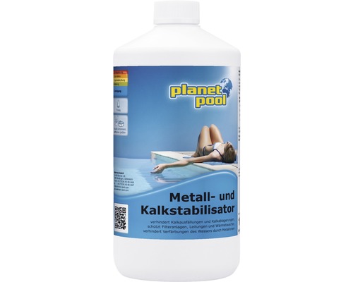 Planet Pool Metall- und Kalkstabilisator in einer weißen Plastikflasche