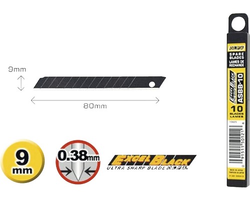 Abbildung eines 80 mm langen und 9 mm breiten Cuttermessers sowie einer 10-teiligen Ersatzklingenpackung