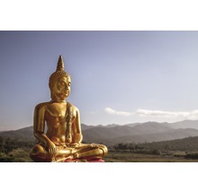 Goldene Buddha Statue vor Bergkulisse