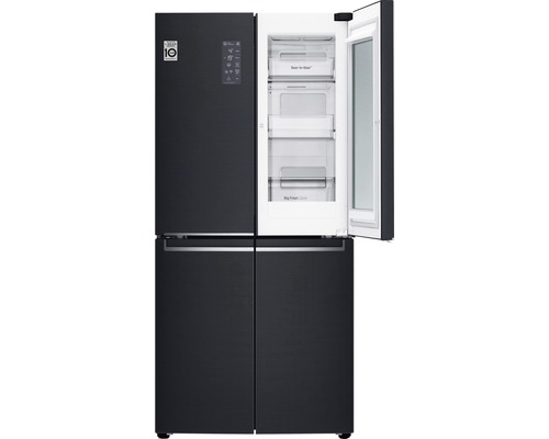 Schwarzer Kühlschrank mit mehreren Türen und offener Tür, die das Innere zeigt.