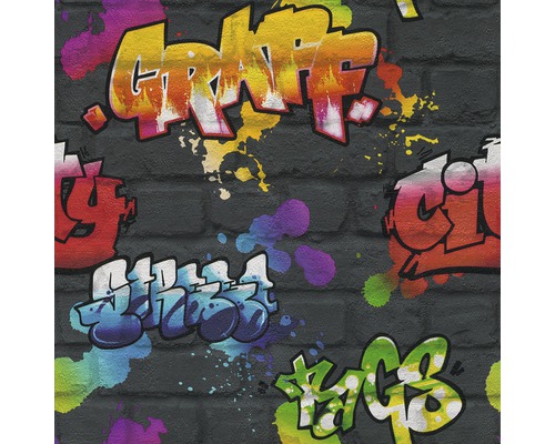 Papiertapete 237801 Kids & Teens 3 Graffiti grau Tapete mit Graffiti-Motiv auf Backsteinhintergrund