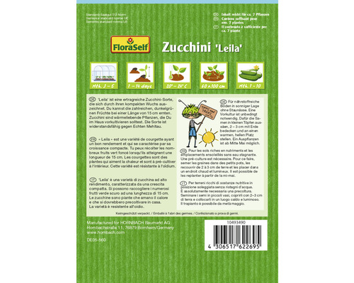 FloraSelf Zucchini ''Leila'' Samenpackung mit Informationen zu Anbau und Ernte