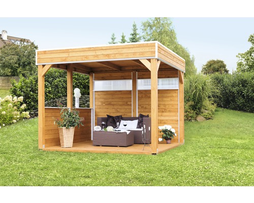 Pavillon SKAN HOLZ Toulouse mit Aufschraubstützen 302 x 302 cm natur Holzpavillon mit Sitzgruppe im Garten.