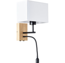 Wandleuchte mit Schirm, Holzsockel und flexiblem Lesearm