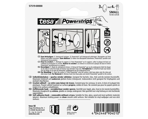Tesa Powerstrips mit drei Haken inklusive vier Klebestreifen der Größe Small