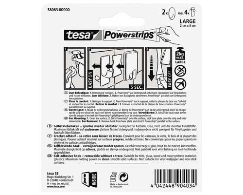 Tesa Powerstrips selbstklebende Haken, inklusive vier Powerstrips, große Ausführung