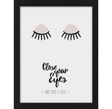 Dekoratives gerahmtes Poster mit Augen und dem Schriftzug Schließe deine Augen und wünsche dir etwas