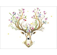 Illustration eines Hirsches mit Geweih, das mit Blumen und kleinen Vögeln geschmückt ist