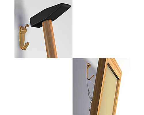 Illustration zeigt die Befestigung eines Bildes mit einem Hammer und einem Bilderhaken