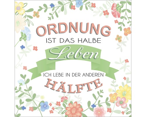 Dekoratives Bild mit der Aufschrift Ordnung ist das halbe Leben. Ich lebe in der anderen Hälfte.