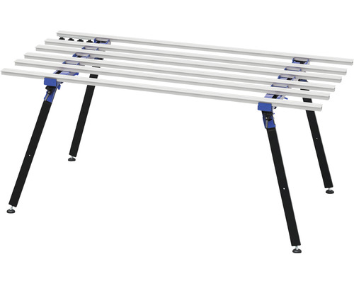 Werkbank mit Aluminiumprofilen und verstellbaren Füßen.