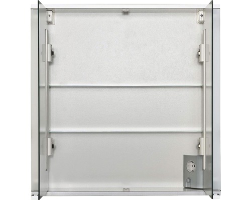 Offener Spiegelschrank mit zwei Regalböden und Steckdose