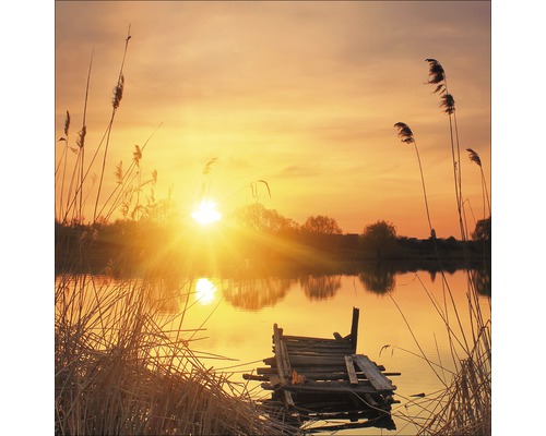 Sonnenaufgang am See mit Holzsteg und Schilf