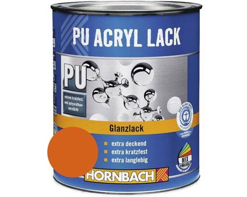 HORNBACH Buntlack PU Acryllack glänzend inesitorange 750 ml PU Acryl Lack in einer Dose mit Hornbach Logo.