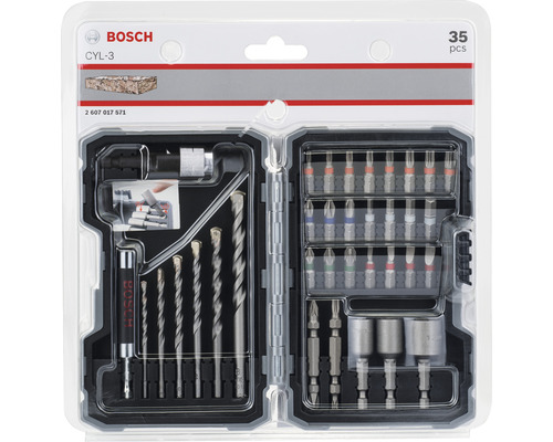 Bosch CYL-3 35-teiliges Bohr- und Bit-Set in geöffnetem Kunststoffkoffer