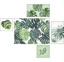 Kollage verschiedener Wandbilder mit Monstera-Blättern und Schriftzügen