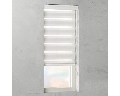 Fenster mit geschlossenem Doppelrollo zur Lichtregulierung