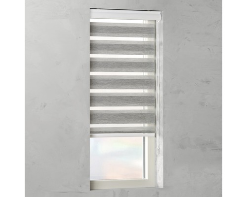 Fenster mit grau-weißem Duo-Rollo zur Fensterdekoration und Lichtregulierung