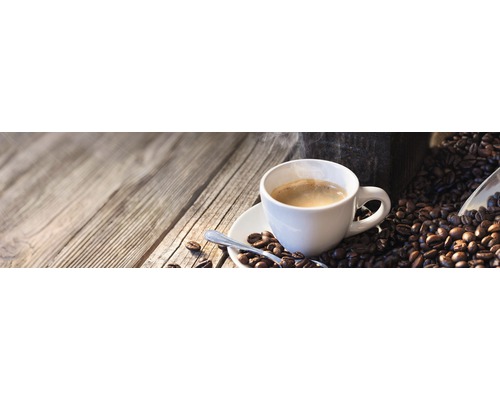Küchenrückwand mySPOTTI Splash Auszeit 220 x 60 cm Tasse Kaffee mit Kaffeebohnen auf Holztisch