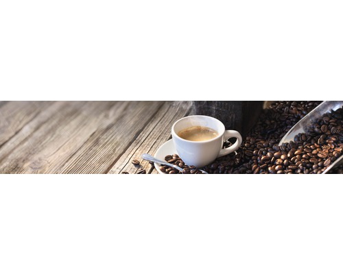 Küchenrückwand mySPOTTI Splash Auszeit 280 x 60 cm Tasse Kaffee mit Kaffeebohnen auf einem Holztisch