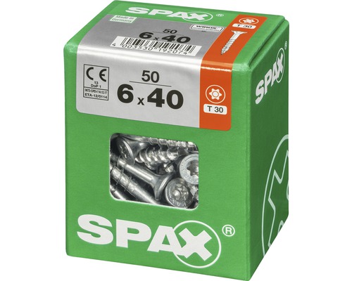 Schrauben der Größe 6 x 40 Millimeter in einer grünen Spax Verpackung